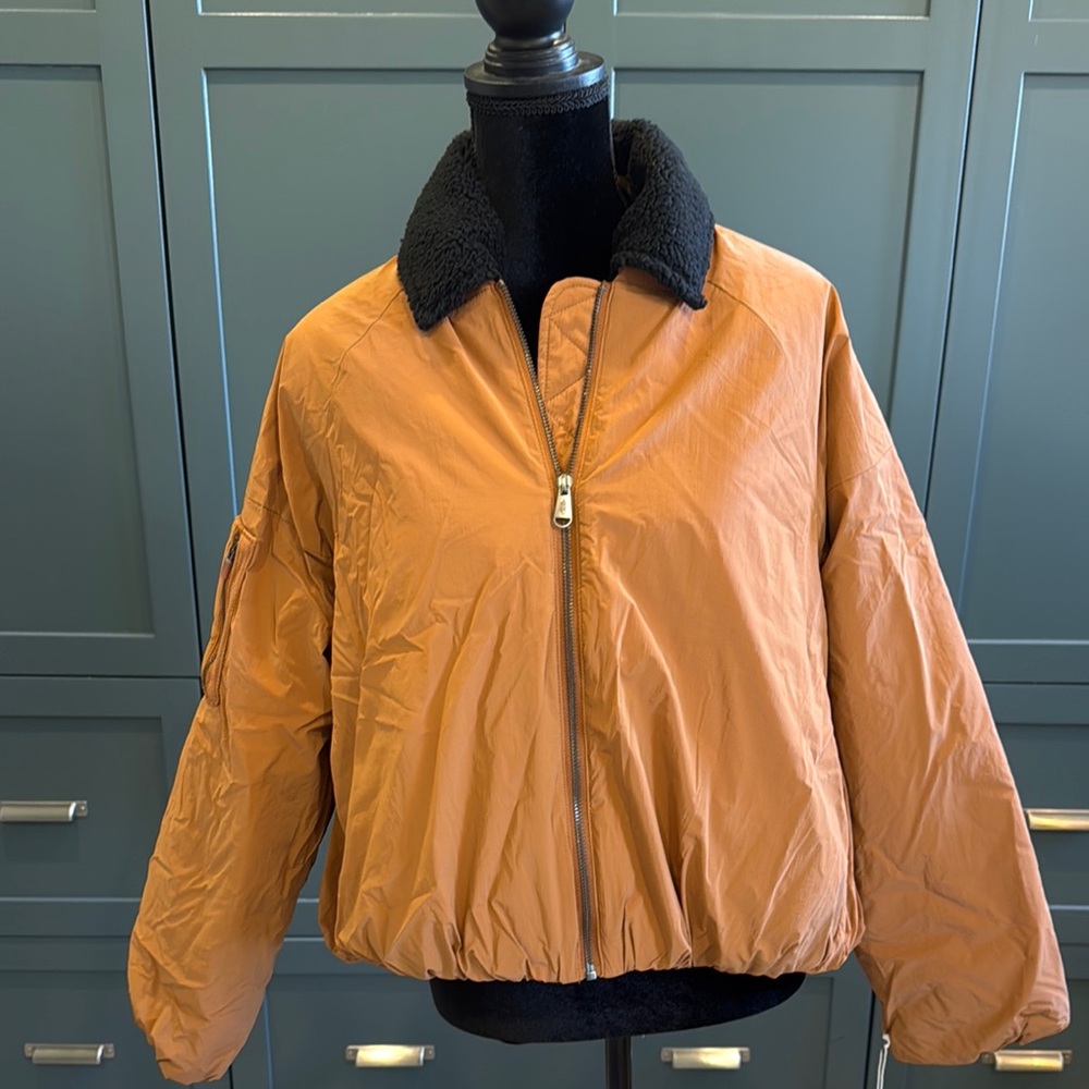 FP Movement by Free People Orange Bomber Jacket with Faux Fur Collar